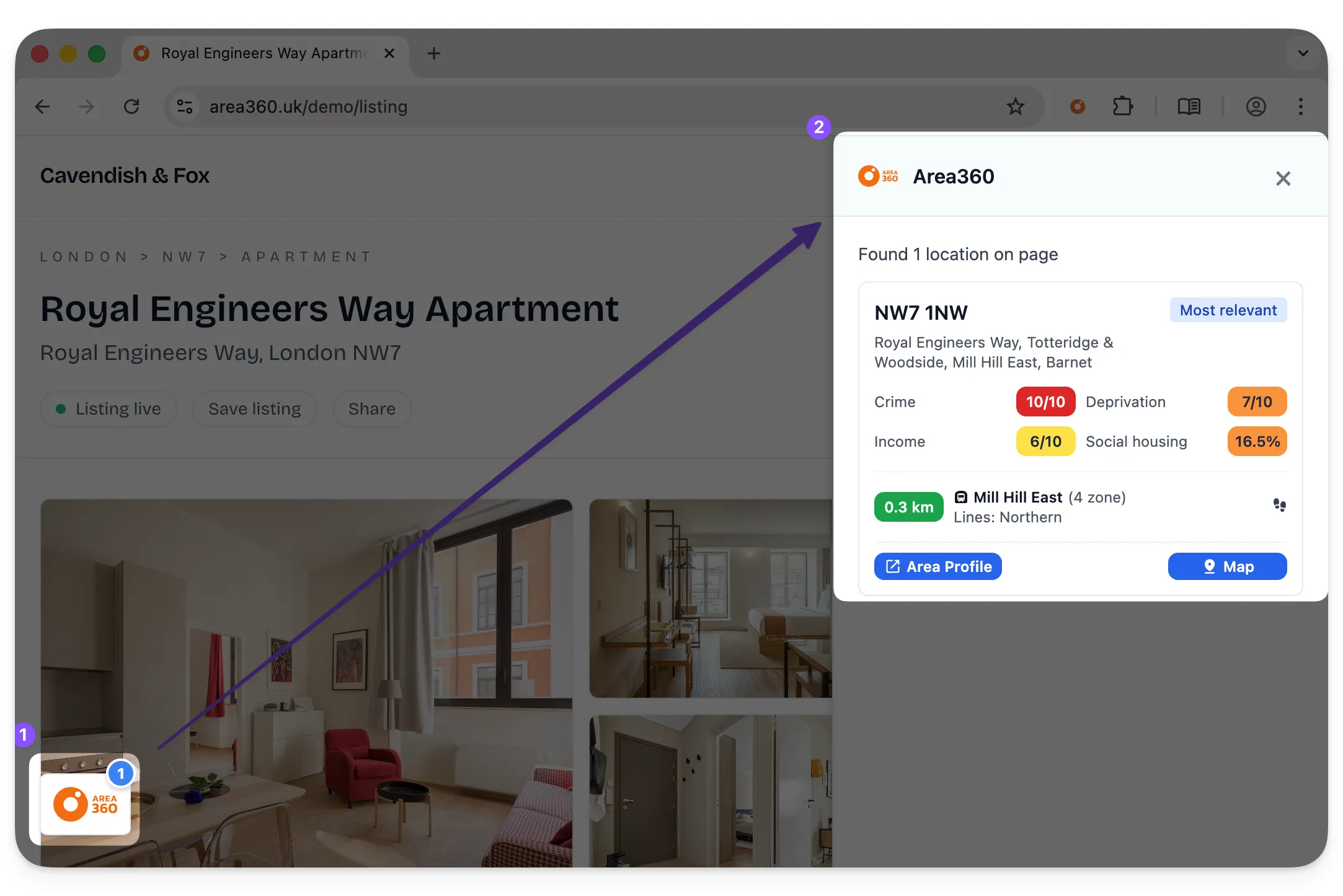 Area360 extension detecting a property location on a webpage