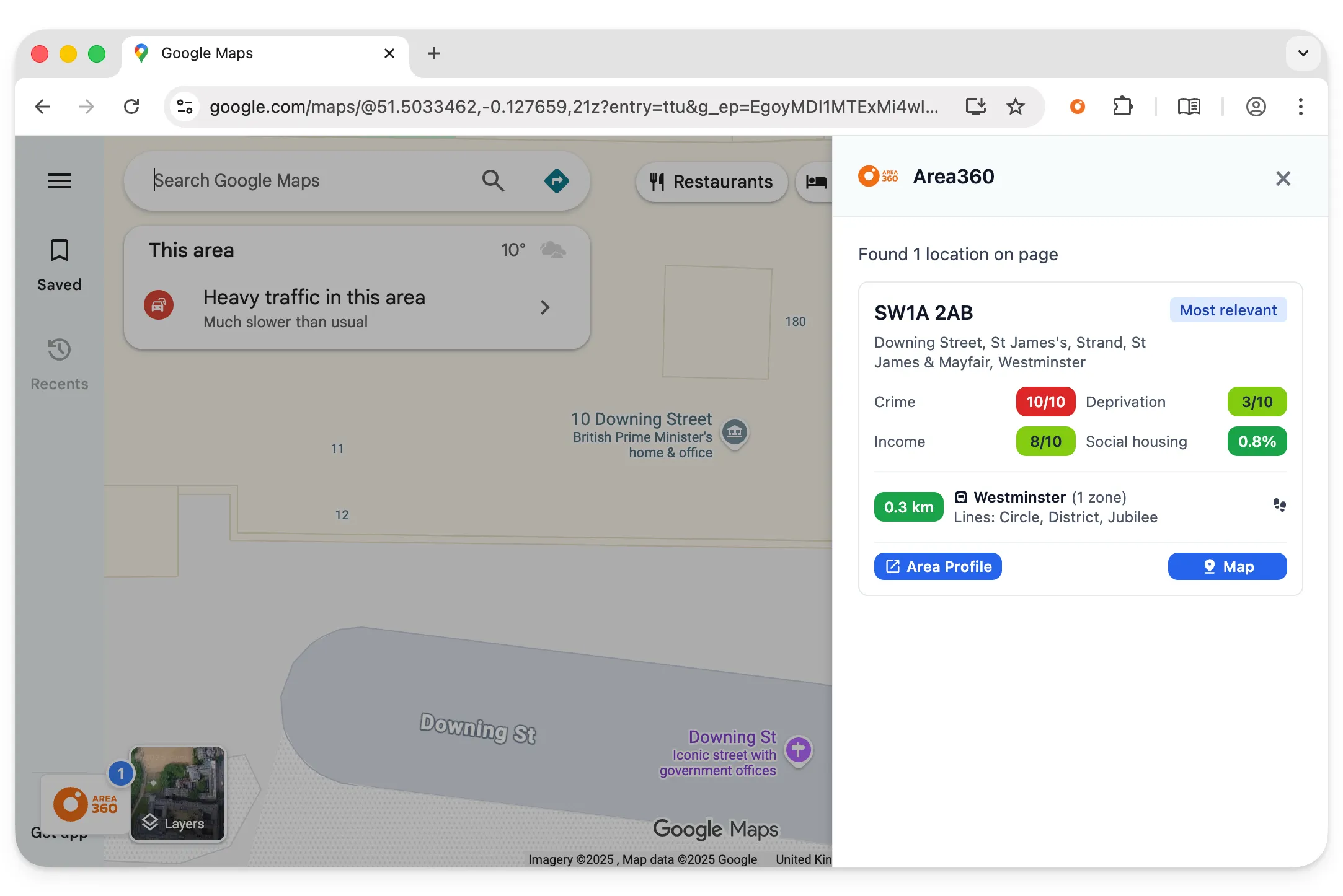 Area360 extension showing area insight on Google Maps